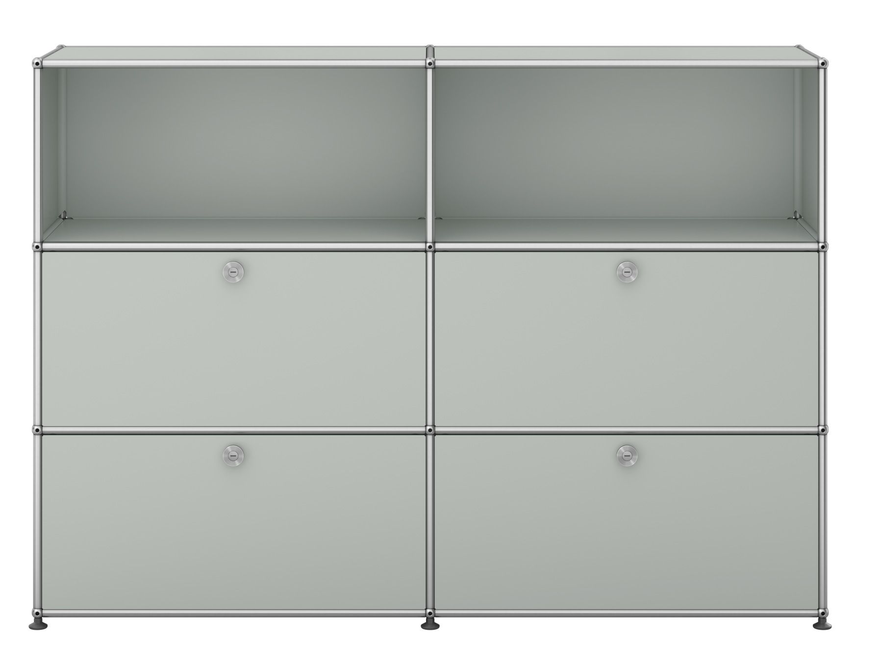 Lichtgraues USM Haller Sideboard mit vier Klappen und offenen Fächern, modernes modulares Designmöbel.